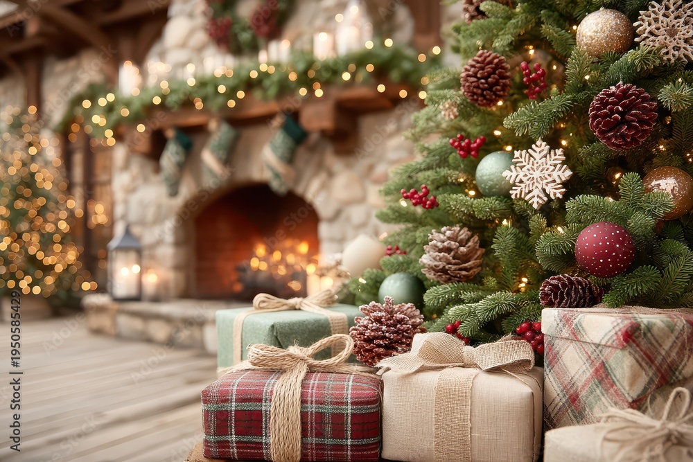 Fototapeta premium Warm rustic scene, Charming cozy holiday setting, Intimate cabin ambiance with festive touches, Inviting stone hearth surrounded by seasonal decorative elements