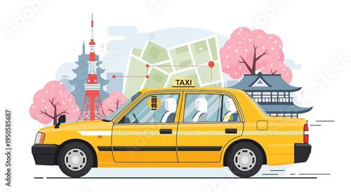 Tokyo Taxi Cab with Iconic Landmarks and Cherry Blossoms