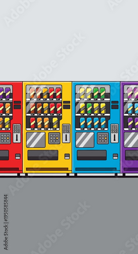 Colorful Vending Machines Lined Up: Refreshing Drinks and Snacks