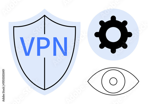 VPN concept. VPN shield s digital privacy. Eye and gear symbols cybersecurity and functionality. VPN ensures data protection for online security, browsing, and efficiency. Ideal for technology