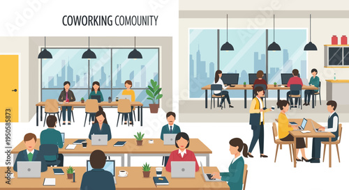 Diverse Coworking Space with People Working on Laptops and Collaborating