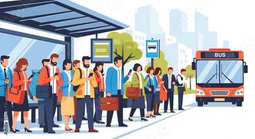 Diverse crowd waiting for bus at city bus stop, urban commute, public transportation concept