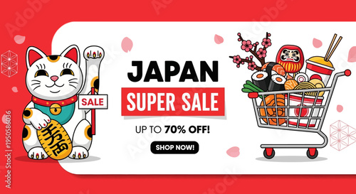 Japan Super Sale Banner with Maneki Neko, Sushi, and Daruma Doll
