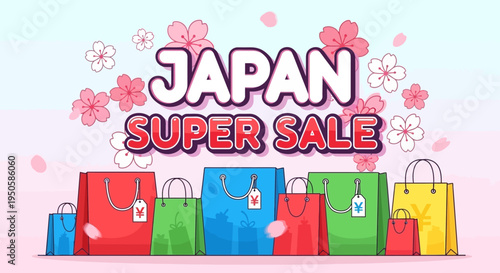 Japan Super Sale Banner with Shopping Bags and Cherry Blossoms