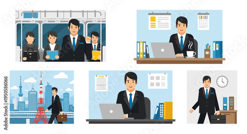 Japanese businessman in Tokyo, commuting, working, and walking in city