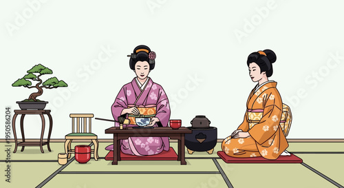 Japanese Women in Kimonos Performing Traditional Tea Ceremony with Bonsai Tree