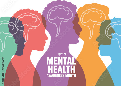 Mental Health Awareness Month banner, vibrant May banner illustration with mental health icons, encouraging psychological well-being, support, and awareness campaigns.