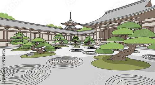 Zen Japanese Garden Courtyard with Raked Sand and Bonsai Trees