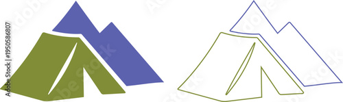 Camping tent icons set outdoor adventure shelter symbols with camp tents, mountain and forest travel elements for hiking tourism nature trip vector illustration design collection group