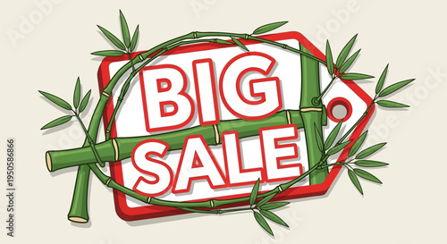 Big Sale Tag with Bamboo Frame and Green Leaves - Retail Promotion