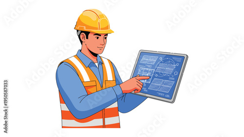 Blueprint Review: An attentive engineer examines a detailed blueprint on a tablet, symbolizing precision and planning in the construction or design phase.