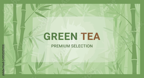 Green Tea Premium Selection Banner with Bamboo and Leaves