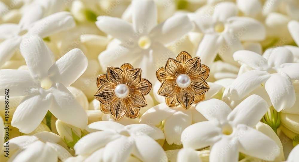 Obraz premium Elegant gold floral earrings with pearls nestled amongst delicate white blossoms