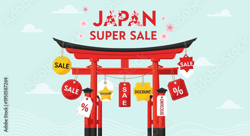 Japan Super Sale: Red Torii Gate with Sale Tags and Cherry Blossoms