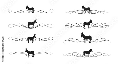 Donkey silhouettes with decorative swirls, graphic design elements