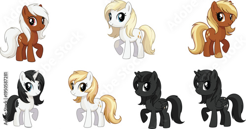 Set of cute pony characters and magical unicorns in flat vector style for children's design and animation.