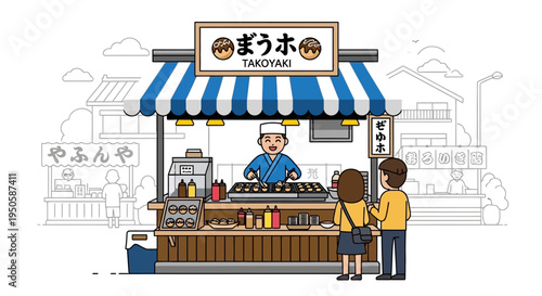 Japanese Street Food Stall Selling Takoyaki to Customers