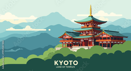 Kyoto temple pagoda architecture in misty mountains, traditional Japanese landscape