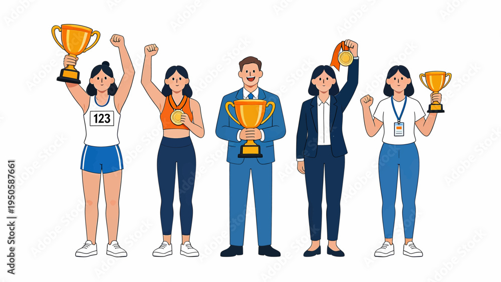 Obraz premium Successful team of athletes and business professionals celebrating victory and achievement with trophies and medals