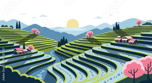 Serene Rice Terraces at Sunrise: Asian Landscape with Traditional Houses and Blooming Trees