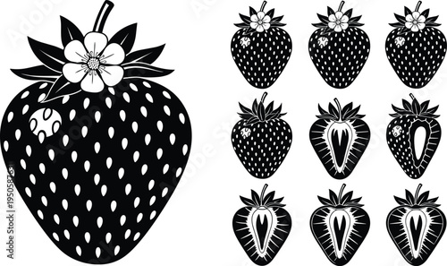 Strawberry fruit icons and solid vector illustrations set including whole berries and cross section slices.