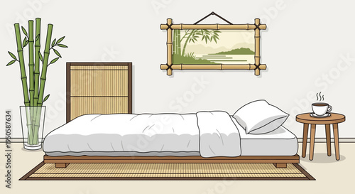 Serene Japanese Bedroom with Futon, Bamboo Decor, and Morning Coffee