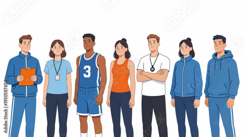 Diverse group of athletic individuals and coaches standing together, representing a modern sports team or healthy lifestyle concept in a vibrant vector illustration