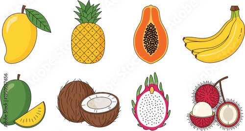 Set of tropical fruits including mango, pineapple, papaya, banana, coconut, dragon fruit, and rambutan in flat vector style.