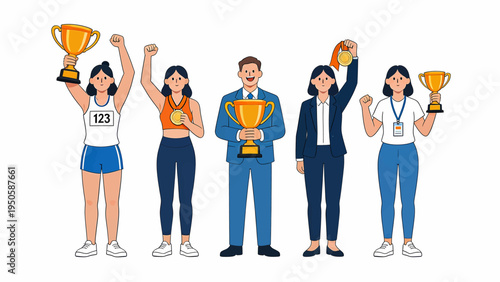 Successful team of athletes and business professionals celebrating victory and achievement with trophies and medals