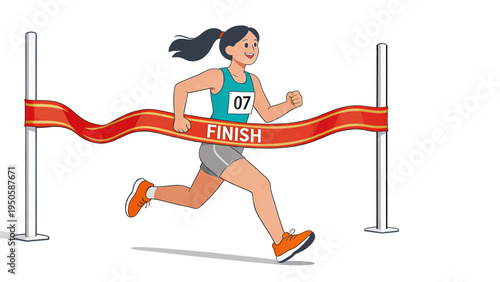 Young woman runner triumphantly crosses the finish line, celebrating success and achievement in a marathon race illustration