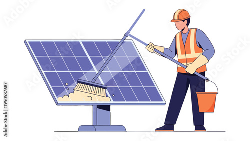 Solar Panel Maintenance: A worker in protective gear diligently cleans a large solar panel using a brush, bucket, and mop, ensuring optimal efficiency.