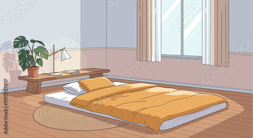 Cozy Bedroom Interior with Bed, Plant, and Window Light - Minimalist Design