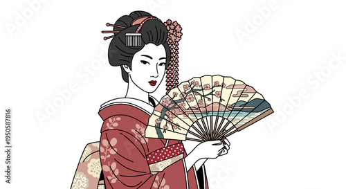 Elegant Geisha Holding a Traditional Fan, Japanese Culture