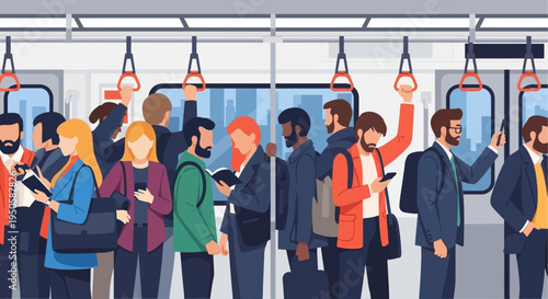 Diverse commuters packed inside a crowded subway train during rush hour