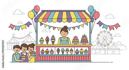 Happy Family Enjoying Sweet Treats at a Colorful Carnival Food Stall