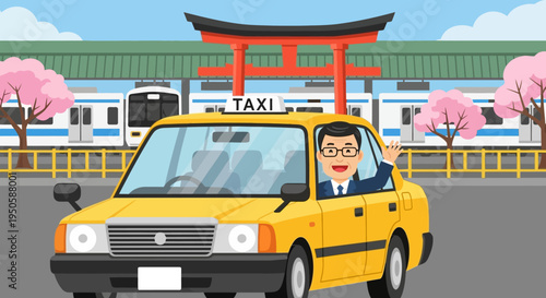 Japanese Taxi Driver Waving Hello in Front of Torii Gate and Train Station