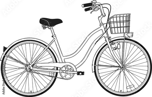 Vintage city bicycle with front basket line icon, classic cruiser bike vector illustration for urban lifestyle and transport.