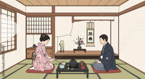 Japanese Tea Ceremony: Couple in Kimonos Performing Traditional Ritual in Tatami Room