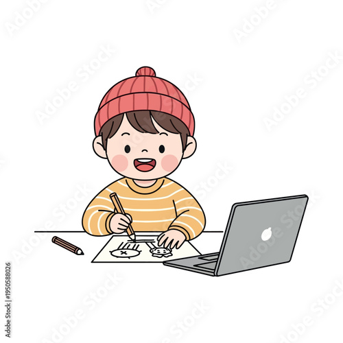 A young boy wearing a red hat draws on paper next to a laptop.