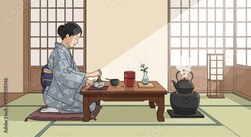 Japanese Woman in Kimono Performing Tea Ceremony in Traditional Room