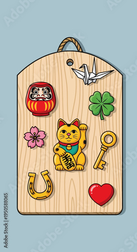 Lucky Charms Collection on Wooden Board: Maneki Neko, Daruma, Origami Crane, Clover