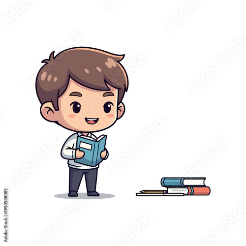 Young boy reading a book standing next to a stack of books illustration