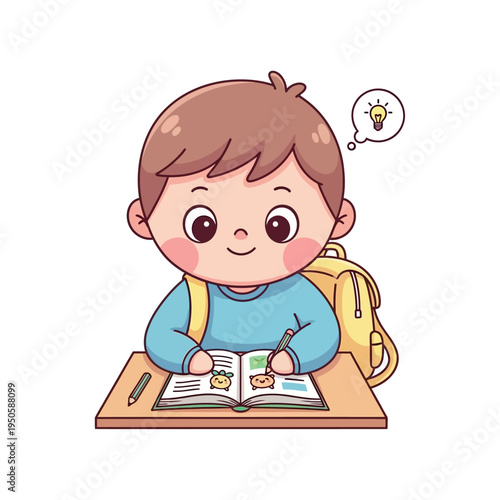 Young student sitting at desk studying with thought bubble and lightbulb idea