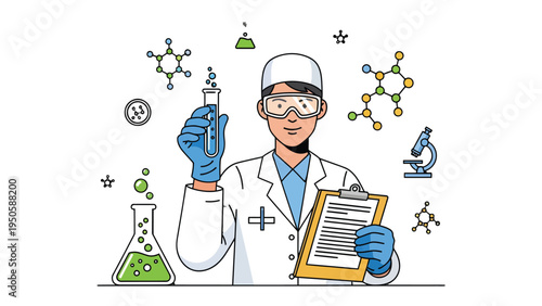 Scientist in Laboratory: A focused scientist, garbed in protective eyewear and gloves, meticulously examines a chemical reaction within a test tube.