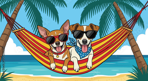 Two happy dogs wearing sunglasses relaxing in beach hammock