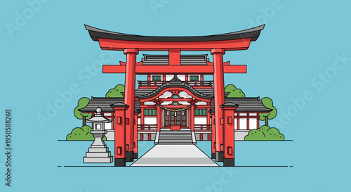Traditional Japanese Shrine with Torii Gate and Stone Lantern, Minimalist Illustration