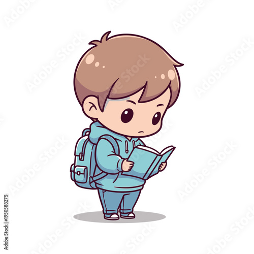 A young boy with a backpack reads a book outdoors.
