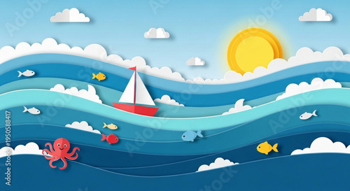 Colorful ocean scene with sailboat fish and octopus on transparent background