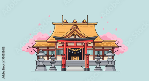 Japanese Shrine with Torii Gate and Cherry Blossoms, Traditional Architecture