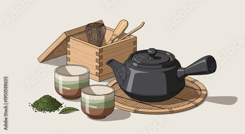 Japanese Tea Ceremony Set: Matcha, Teapot, Cups, and Bamboo Whisk